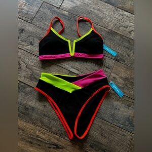 Black and Pink Sporty Popvil Bikini Bottoms with Neon Accents